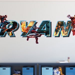 Superheroes Wall Decal Custom Name Decorations - Wallpaper - Room Home Decor - Kids Personalize Name Sticker Room - 3D Wall Art Print
