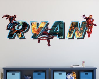 Superheroes Wall Decal Custom Name Decorations - Wallpaper - Room Home Decor - Kids Personalize Name Sticker Room - 3D Wall Art Print