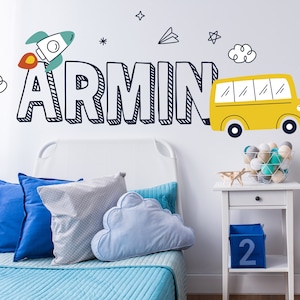 Little Bus Toys - Wallpaper - Cars and Trucks Birthday Party Supplies - Rocket Custom Name Decal Room - Cute Bus Nursery Wall