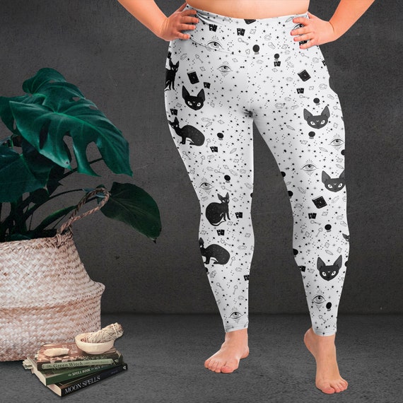 Lunar Black Cat on White Plus Size Leggings 2X-6X Witchy, Goth