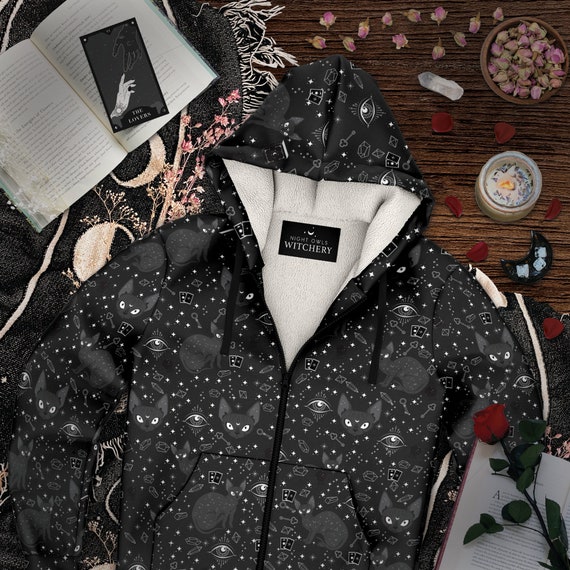 Lunar Black Cat Sherpa Fleece Zip up Hoodie Sweatshirt Witchy Sphynx Cat Lunar Celestial Evil Eye Tarot Card Gothic Witch Print Etsy