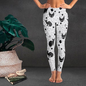 Gato Negro Lunar sobre blanco / Leggings / Brujo, gótico, celestial, gato esfinge lunar, místico, cristal, libro de hechizos, cartas del tarot