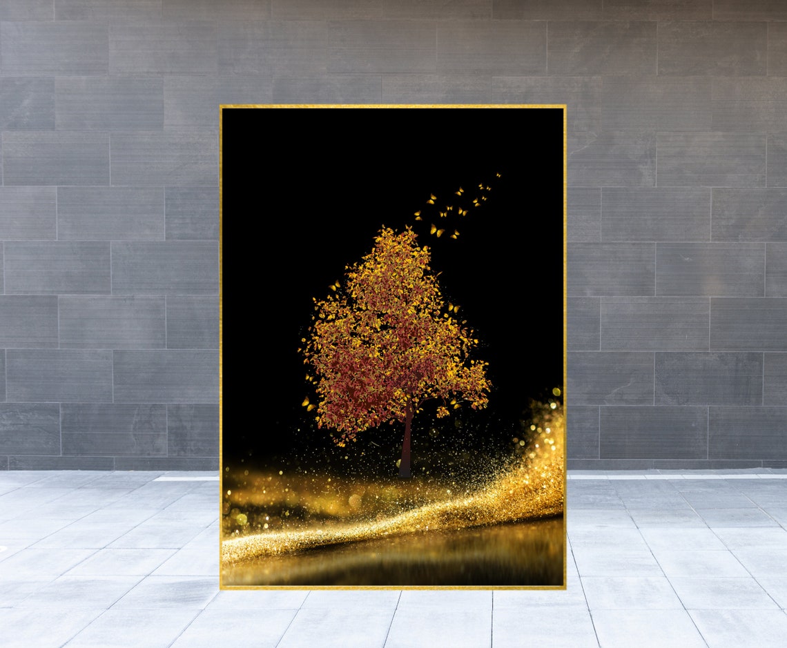 Golden Tree Wall Art Black and Gold Wall Art Abstract Golden Etsy