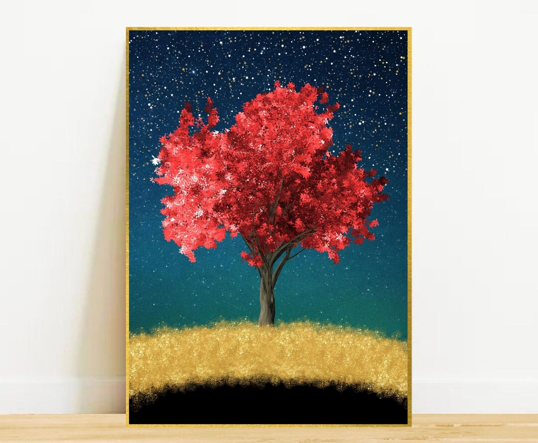 Red Maple Tree Wall Art Black and Gold Wall Art Maple Tree Etsy
