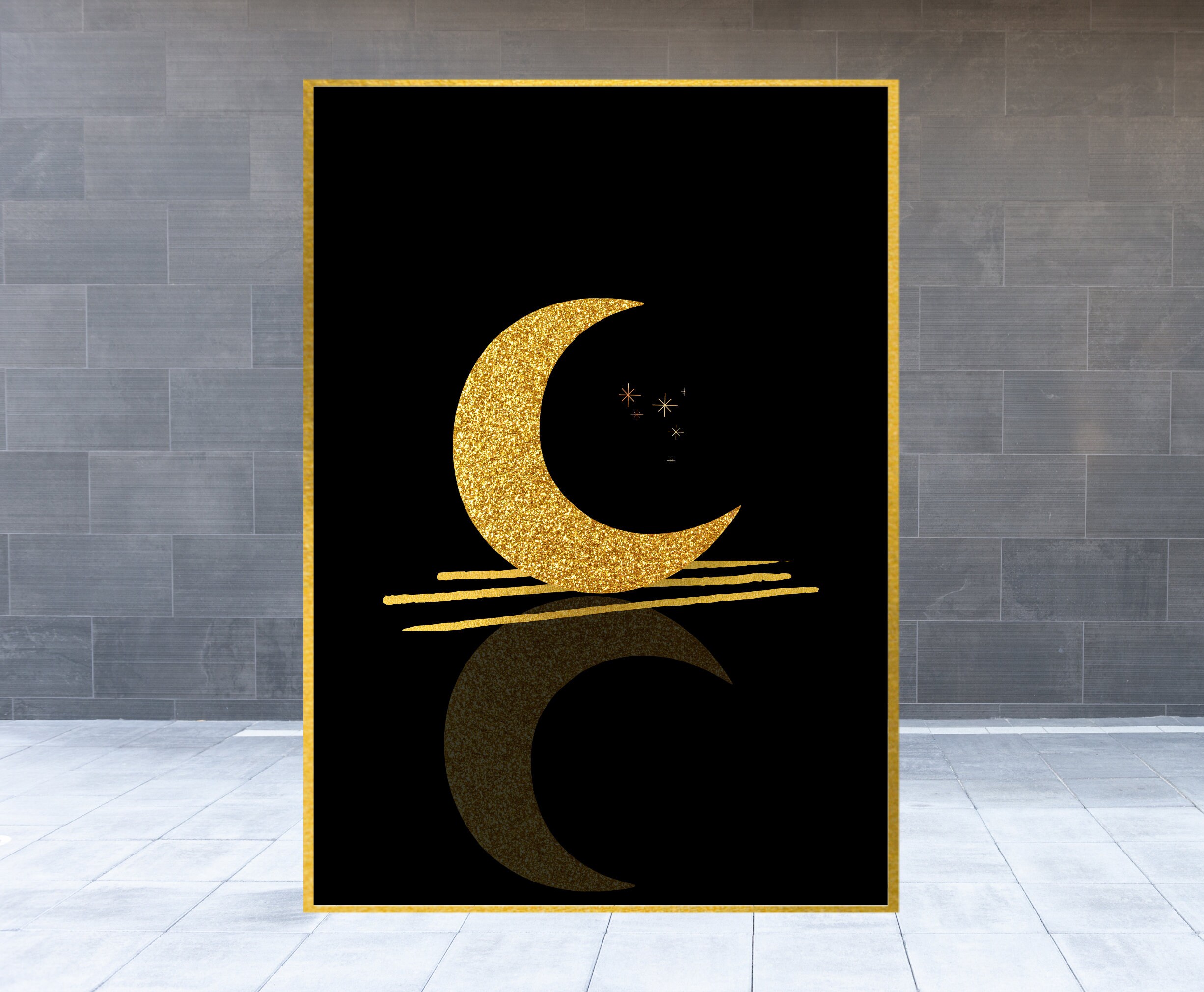 Moon Wall Art Black and Gold Wall Art Moon Digital Print Etsy UK