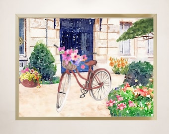 Garden Scenery Wall Art, Watercolor Art Print, Bicycle Landscape, Bicycle Wall Art, Bicycle with Flower, Watercolor Landscape Print