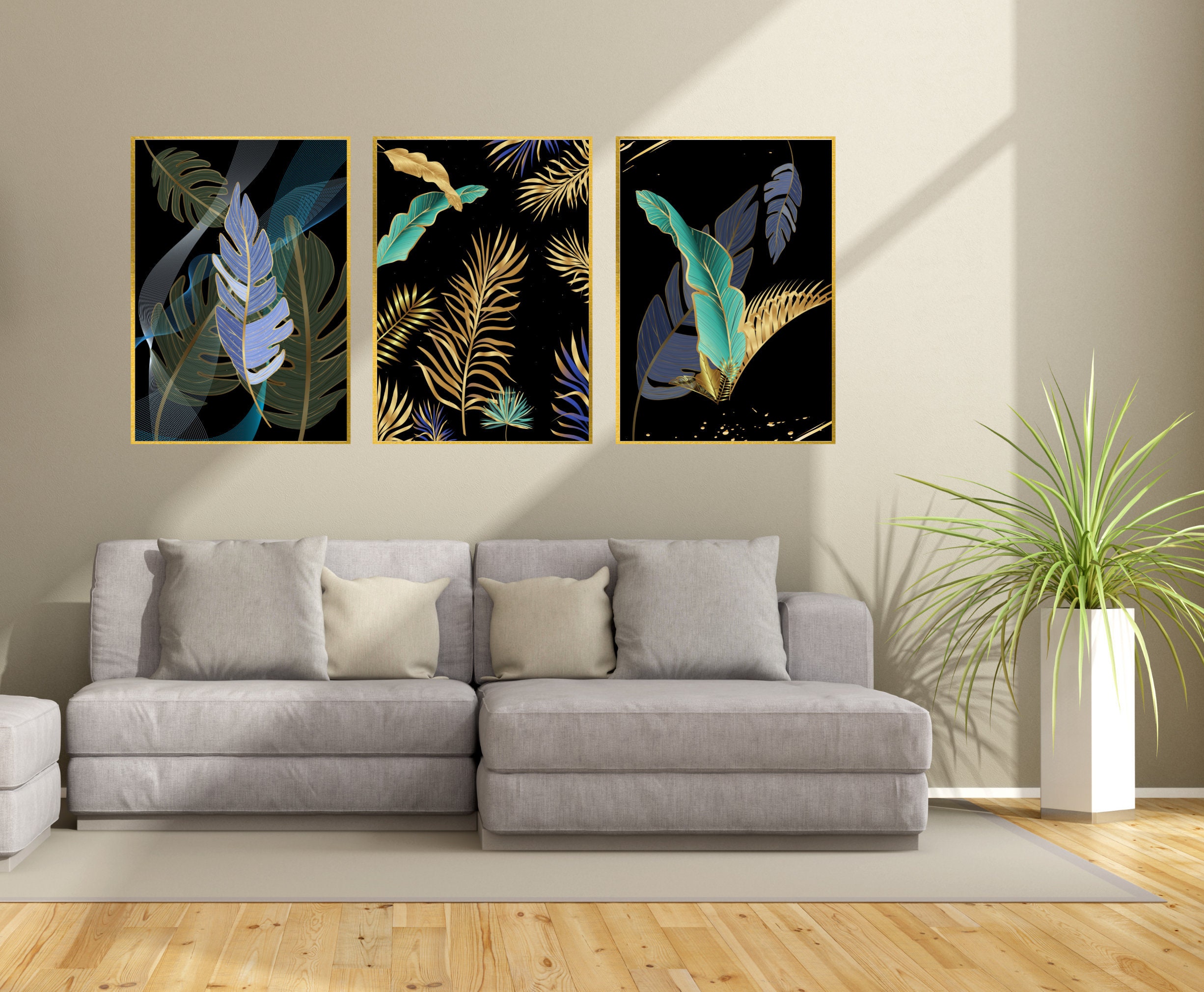Set of 3 Botanical Gold Wall Art Black and Gold Wall Art Etsy UK