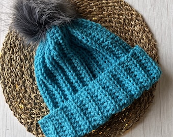 BLUE WINTER BEANIE, Handmade Hat, Bright Blue Beanie, Handmade Crochet, Pom Pom Hat, Ski Day, Snow Day, Handmade Toque, Women's Winter Hat