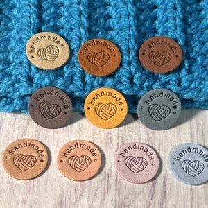 HANDMADE with YARN HEART, Faux Suede Labels for handmade items, Faux leather tags, Sewing Tag, Circle Tags Crochet Knitting Sewing Labels