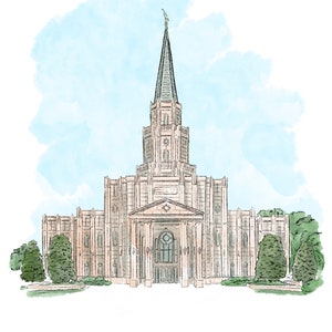 Houston Temple, LDS, Digital Drawing, Watercolor, Temple Picture, Digital Download, Print, LDS Art, Christian, Temple