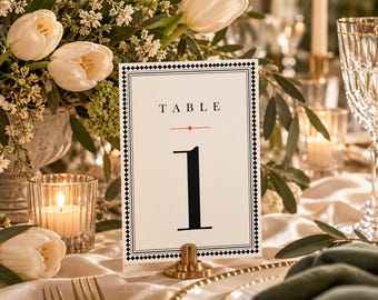 Numéros de table de mariage 1 à 10, cartes de table Canva modifiables en noir et blanc (10 x 15 cm), bordure losanges arlequin, style classique moderne