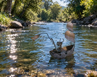 Handmade Metal Ant Sailboat Sculpture, River Rock Garden Decor, Unique Yard Art