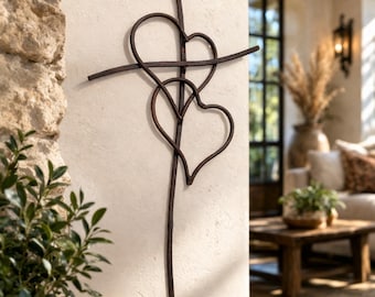 Handmade Metal Heart Cross – Rustic Black & Rust Wall Art – 3 Sizes