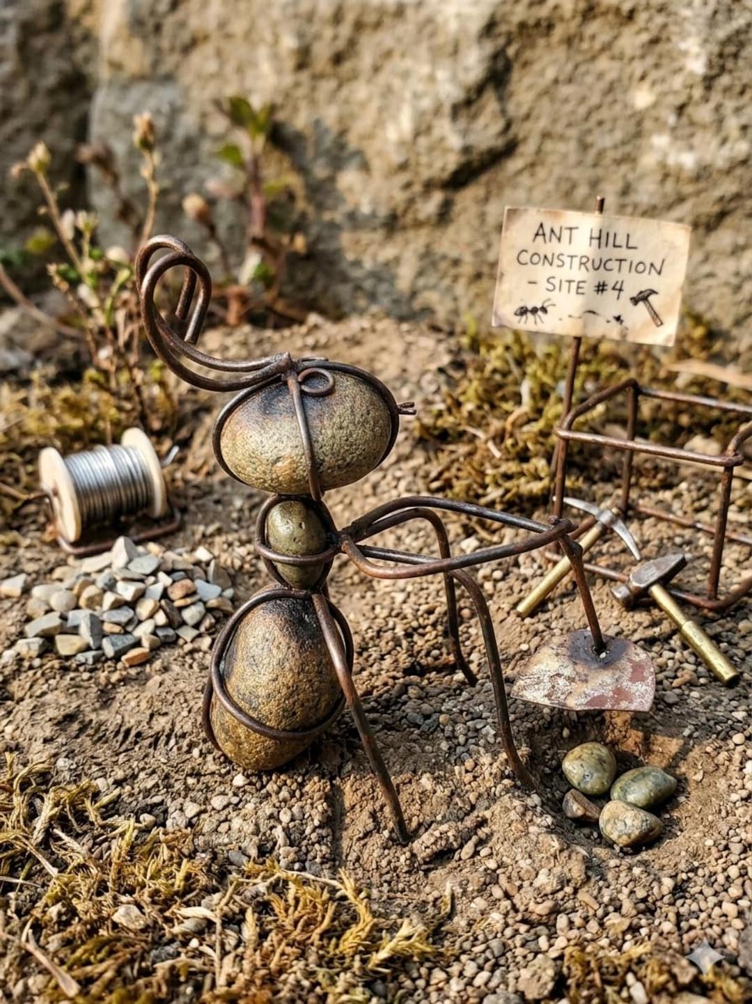 Handmade Worker Ant Sculpture With Hoe – Rustic Metal Garden Art