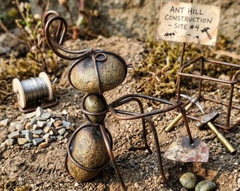 Handmade Worker Ant Sculpture With Hoe – Rustic Metal Garden Art