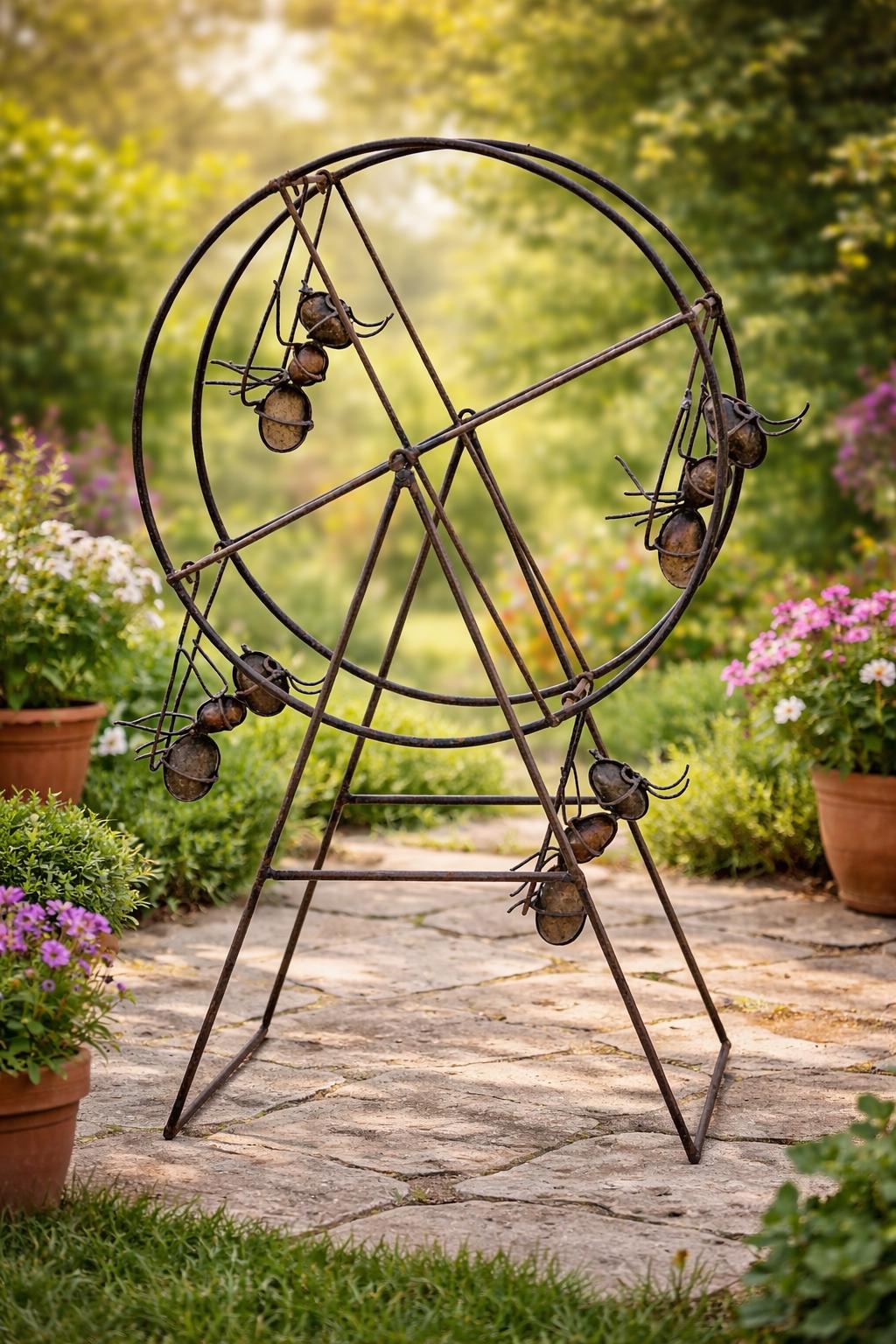 Handmade Metal Ant Ferris Wheel Sculpture Recycled Steel and Rock