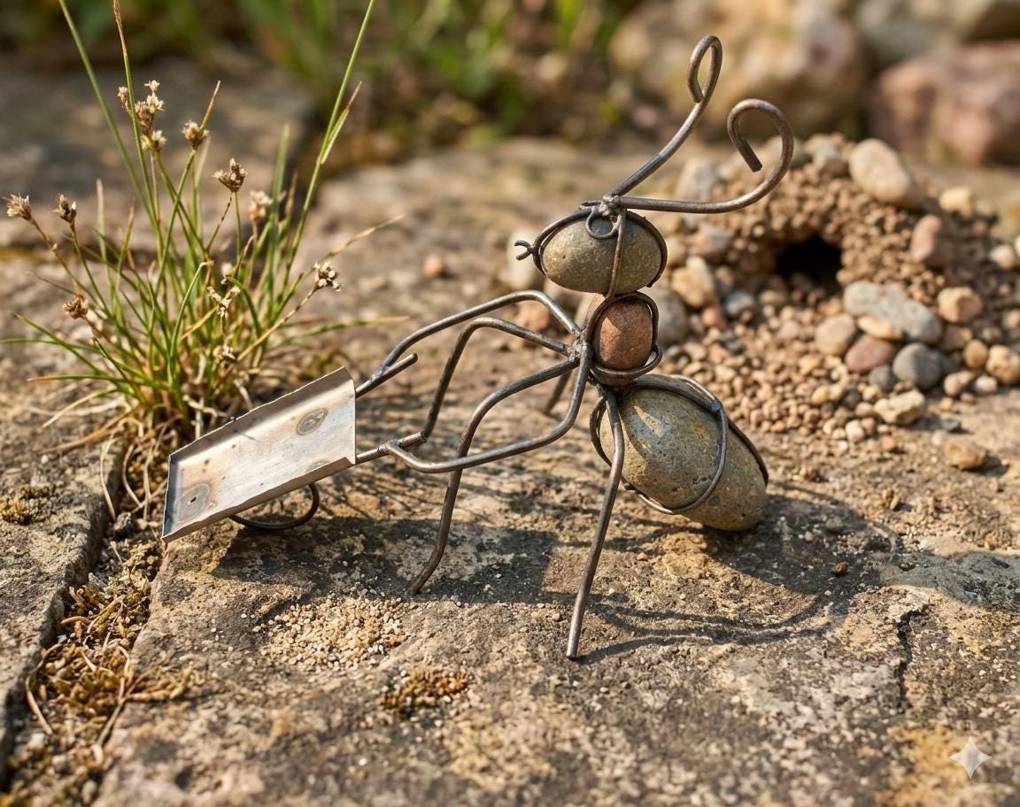 Handmade Wheelbarrow Ant Sculpture – Rustic Metal Garden Art – 3