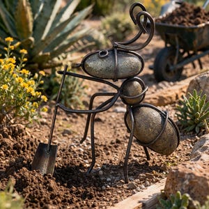 Handmade Metal Ant With Shovel Rustic Art Rock Sculpture Outdoor