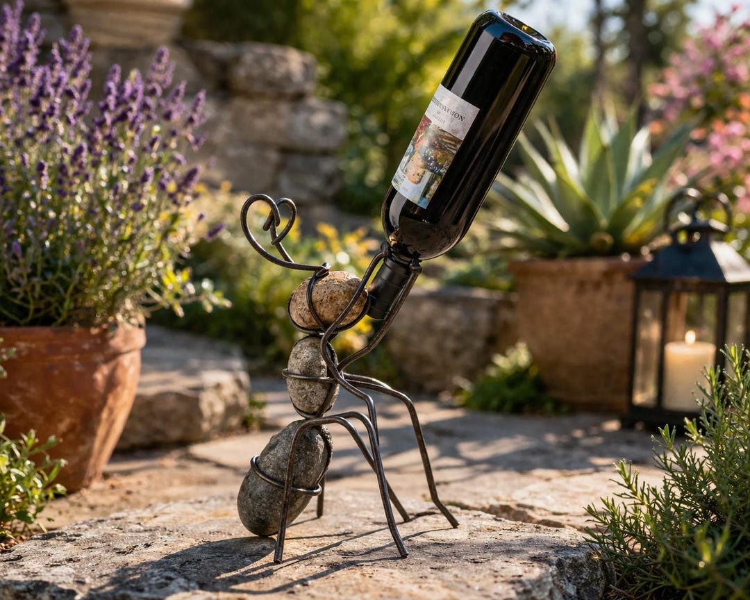 Handmade Metal Ant Wine Bottle Holder: Rustic Garden Rock