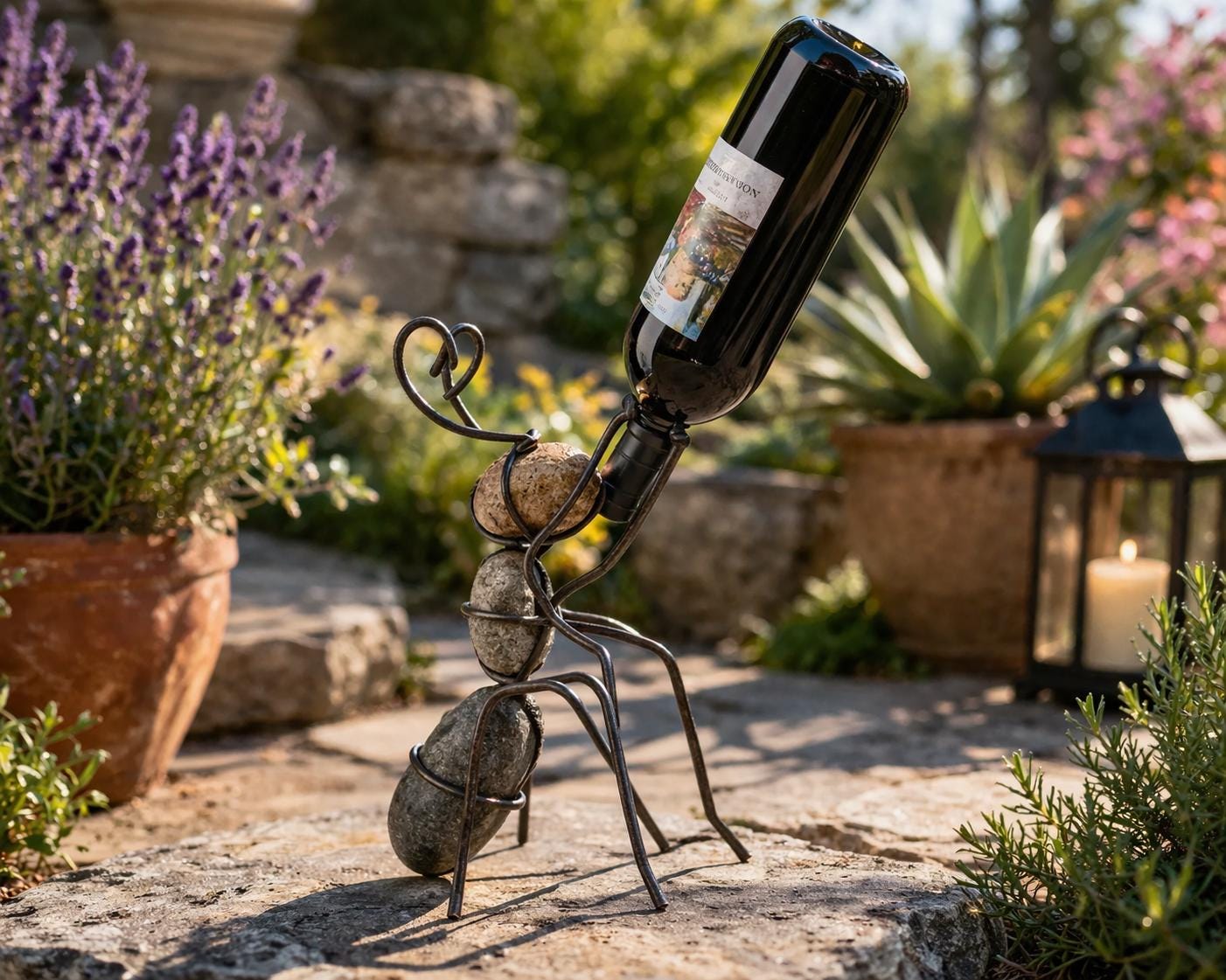 Handmade Metal Ant Wine Bottle Holder: Rustic Garden Rock