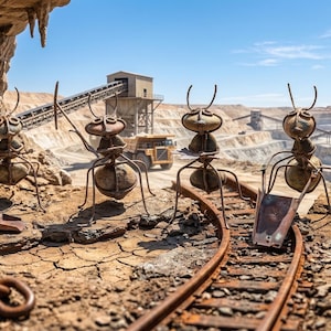 May include: A whimsical outdoor scene features six metal ant sculptures in a quarry setting. The ants, with wire bodies and stone abdomens, appear to be working. The background includes a mine, a conveyor belt, and a large yellow truck.