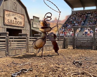 Handmade Cowboy Ant Sculpture – Rustic Western Metal Garden Art – 3 Sizes