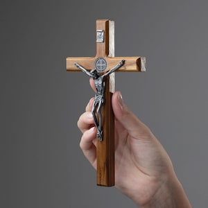 Olive Wood Wall Crucifix with Saint Benedict Medal | Catholic Decor