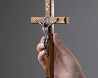 Olive Wood Wall Crucifix with Saint Benedict Medal | Catholic Decor