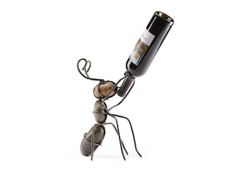 Handmade Metal Ant Wine Bottle Holder: Rustic Garden Rock