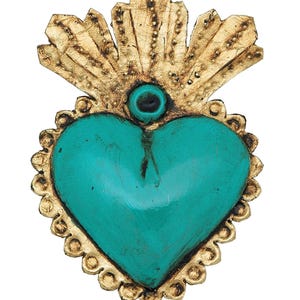 Turquoise Sacred Heart Milagro | Tin Metal Wall Art | Handmade in Mexico | Folk Religious Heart Decor