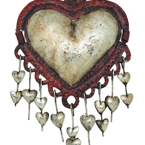 Mexican Tin Heart Milagro Wall Decor – Handmade Folk Art – Rustic Red Sacred Heart Ornament 12&quot;x7&quot;