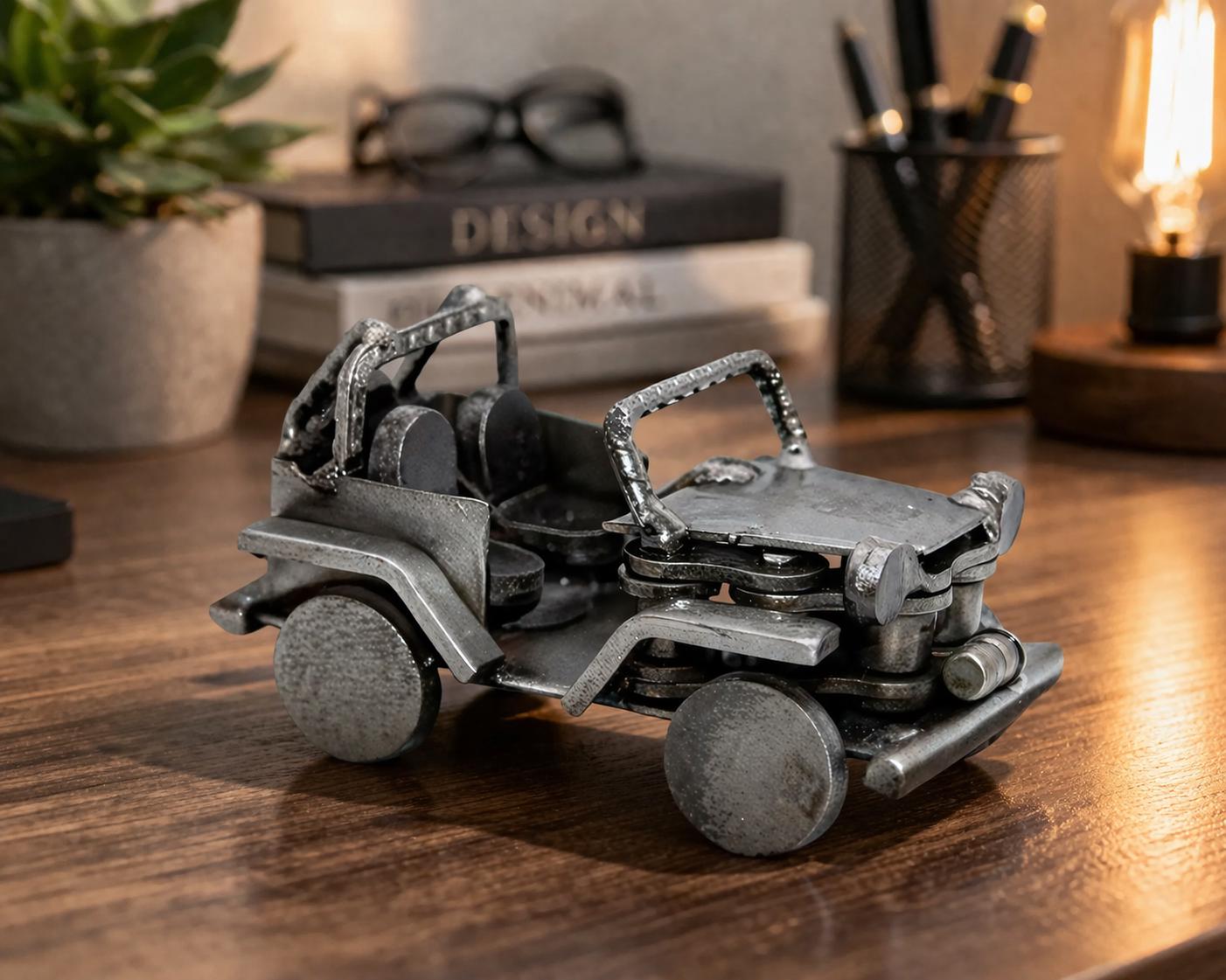 Upcycled Metal Jeep Sculpture Handmade Recycled Metal Car Desk