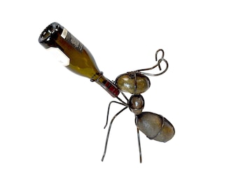 Handmade Metal Ant Wine Bottle Holder: Rustic Garden Rock