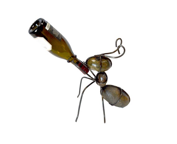 Handmade Metal Ant Wine Bottle Holder: Rustic Garden Rock