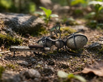 Handmade Metal and Rock Sniper Ant Statue - Unique 3" Tall Outdoor Garden Art
