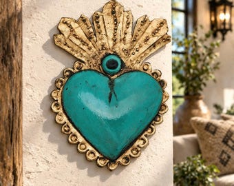 Turquoise Sacred Heart Milagro | Handmade Tin Metal Mexican Wall Art