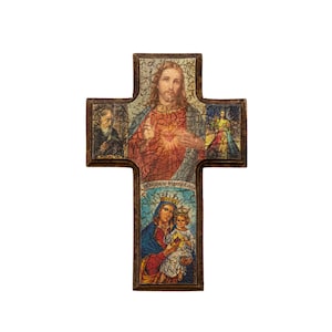 Catholic Wood Cross – 9.5&quot; x 6.5&quot; Wall Art with Sacred Images – Crackled Finish – Sagrado Corazón – Made in Mexico