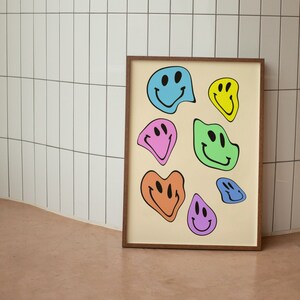 Melted Smiley Face Mutli-coloured Wall Art Print, Retro Trendy Smiley Psychedelic Aesthetic Home Decor - Instant Download - PDF, PNG, JPEG