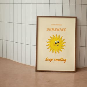 Arte de pared de dibujos animados inspirado en Sunshine Retro - Sigue sonriendo - Decoración de arte de pared ilustrada - Descarga imprimible digital - Linda decoración vintage del hogar
