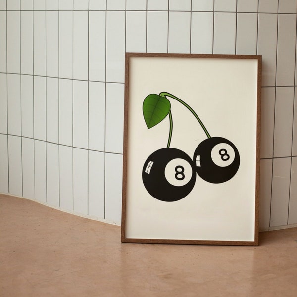 Retro 8 Ball Vintage Cherry Mid Century Illustration Wall Decor - Digital Download Trendy Cartoon Art | PDF PNG JPEG file download