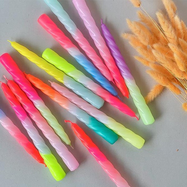 x3 Dip Dye Twisted Candles Boxed | Spiral Funky Retro Candlesticks | Colourful Neon Decor | Table Decor | Bright Neon Vegan |