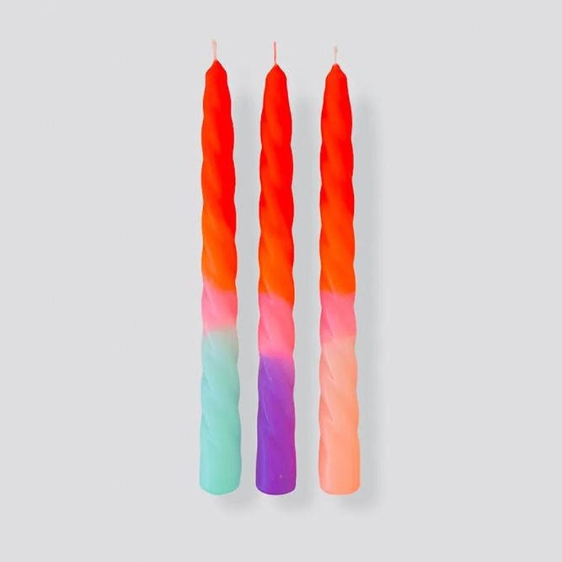 x3 Dip Dye Twisted Candles Boxed Spiral Funky Retro Candlesticks Colourful Neon Decor Table Decor Bright Neon Vegan Ice Cream Orange