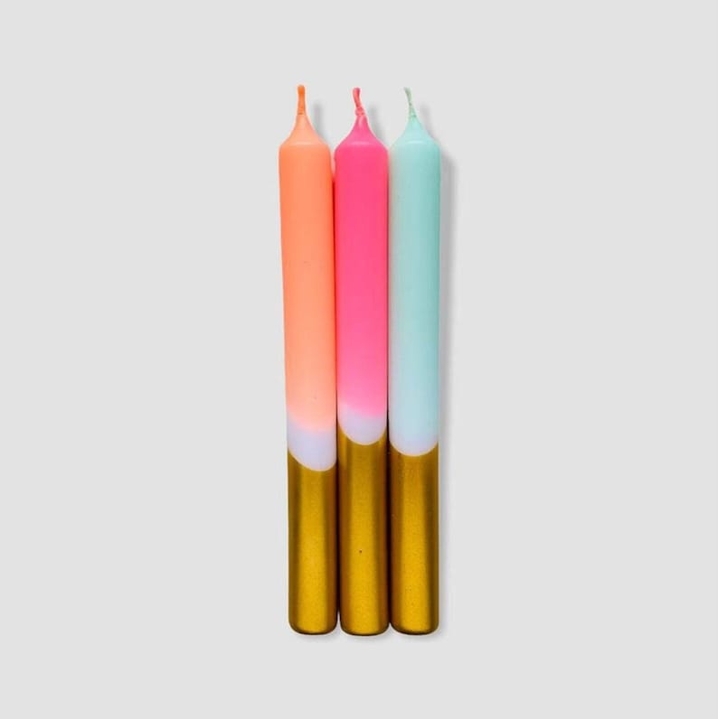 x3 Dip Dye Neon Candles Gold Funky Candles Bright Pink Taper Neon Candles Blue Vegan Candles Gift Candle Set Xmas Fireworks
