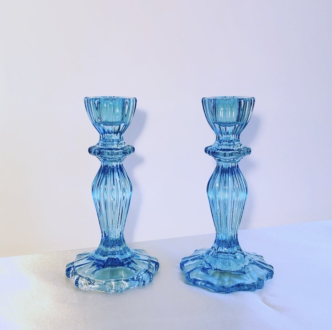 END OF RANGE Blue Candlestick Holder Green Candle Taper Holder Glass