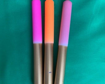 SECONDS*** x3 Dip Dye Neon Candles | Gold Metallic Candles | Bright Taper Candles | Dinner Candles | Purple Candles | Funky Party Decor |