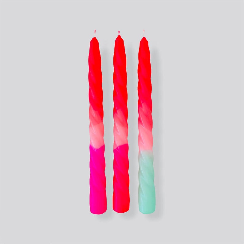 x3 Dip Dye Twisted Candles Boxed Spiral Funky Retro Candlesticks Colourful Neon Decor Table Decor Bright Neon Vegan Ice Cream Pink