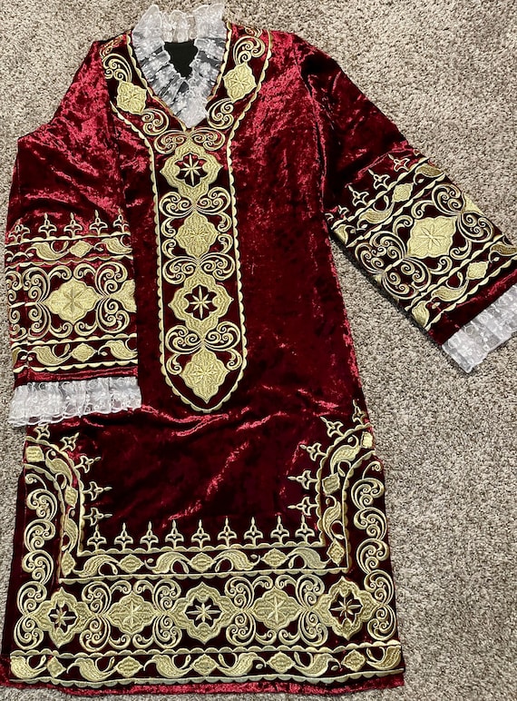 Bukhara (Uzbek |Tajik ) Traditional Gold Embroidery Dress with Diadem| Bukhara Zarduzi  with peshonaband | Two are available!
