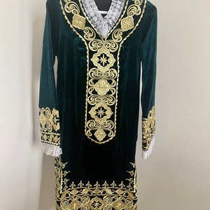 May include: A long-sleeved green velvet dress with gold embroidery. The dress has a V-neckline and a lace trim around the neckline and sleeves.