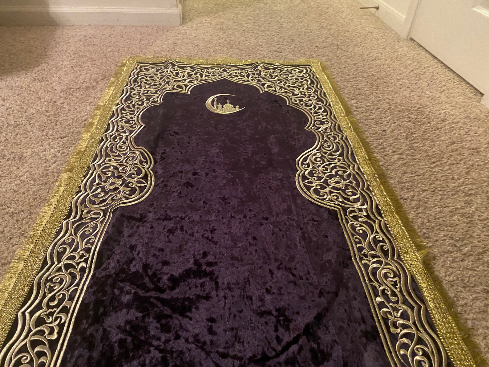 Muslim Prayer Rug Handmade Gold Embroidered Velour Bukhara Etsy