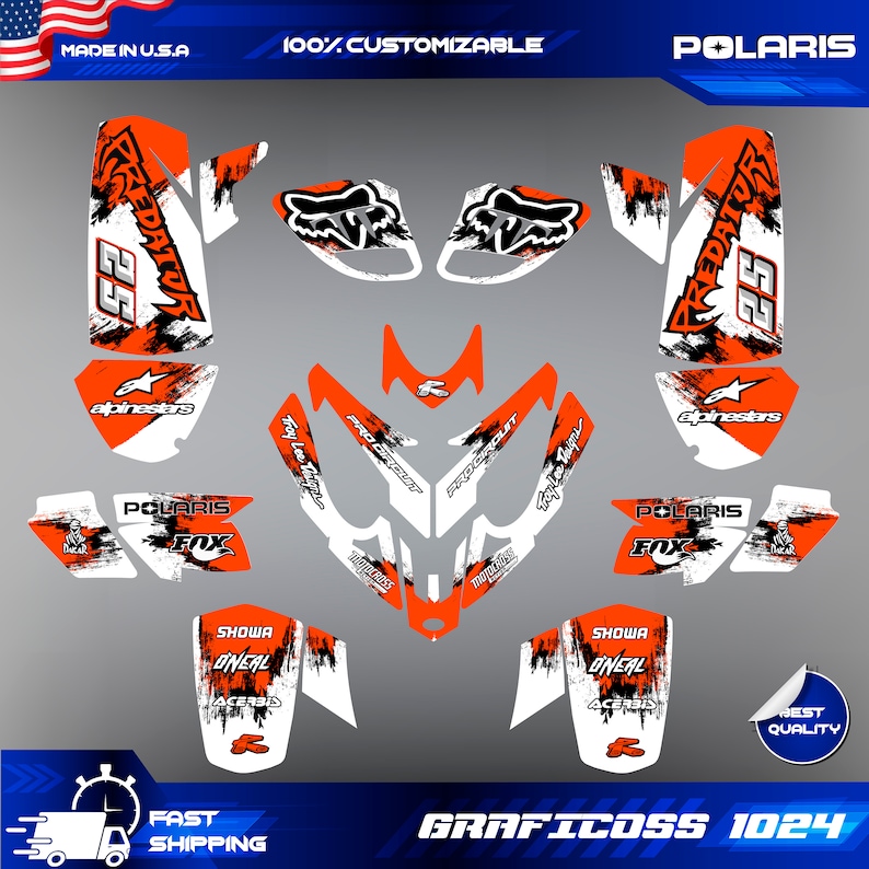K&ouml;nnte beinhalten: Ein Satz orangefarbener, schwarzer und wei&szlig;er Grafikaufkleber f&uuml;r ein Polaris ATV. Die Aufkleber zeigen die W&ouml;rter "Predator 25", "Fox", "Alpinestars", "Troy Lee Designs", "Pro Circuit" und "Showa O'Neal Acerbis".